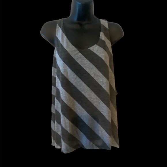 NUX Exhale Tank grey stripe yoga tank shirt low drape back keyhole size L. NWT - Picture 2 of 6